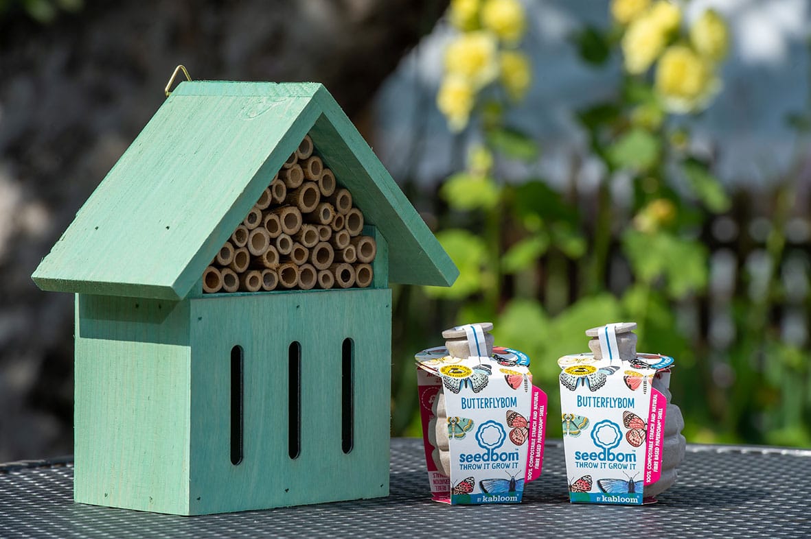 A house for butterflies and two seedbom pollinators to encourage butterflies into a garden