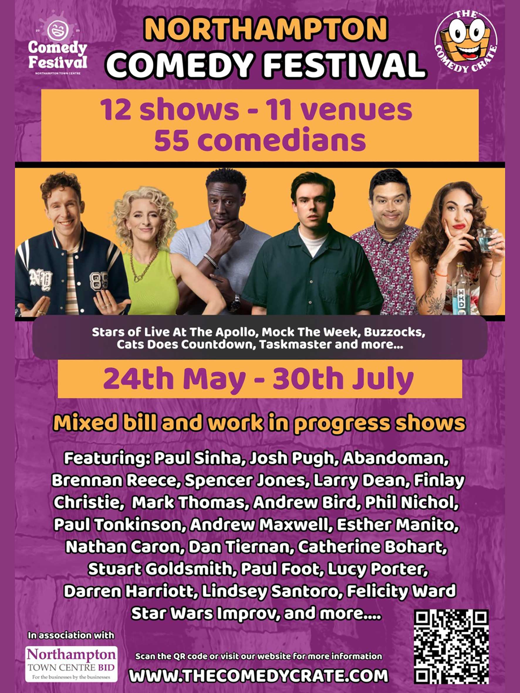 Festival poster for Northampton Comedy Festival listing 12 shows, 11 venues, 55 comedians with a lineup photo and QR code.